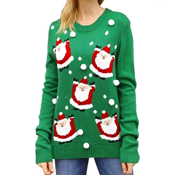 Marisa Christina Green Knit Christmas Sweater Santa Claus Pom Pom Ladies Large - Picture 1 of 13